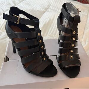 Aldo Black Strappy Heels with Gold Accents